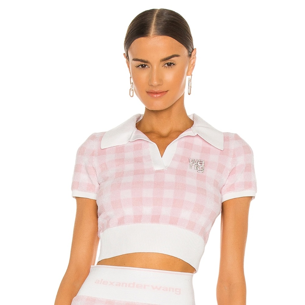 Alexander Wang Towel Gingham Polo Pullover Top in Cradle Pink & White Size Small